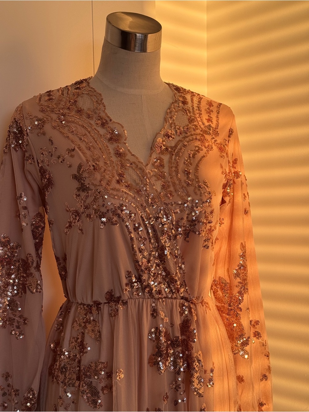 Embellished Long Sleeve Maxi Dress in Blush Pink